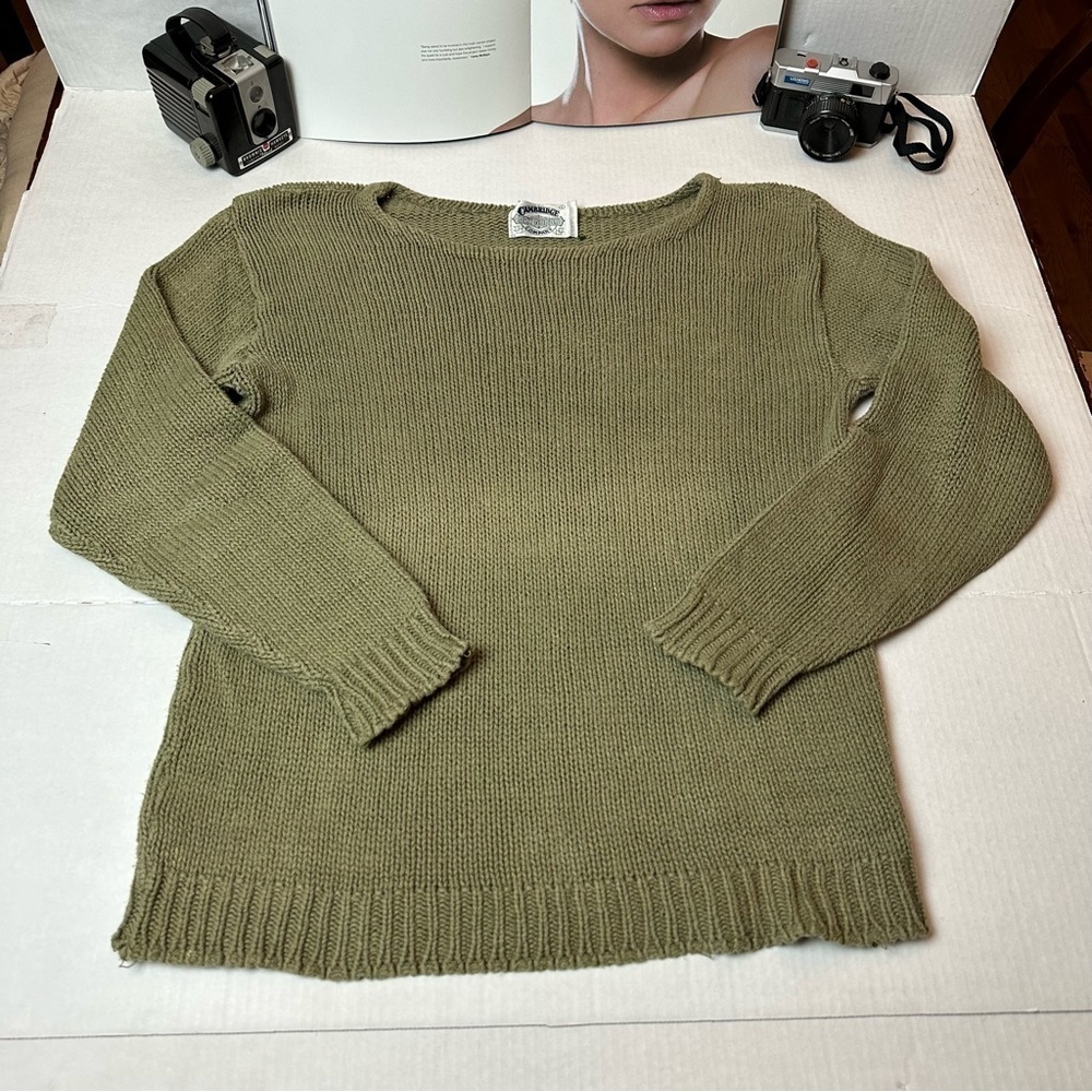 Vintage 90s Cambridge Dry Goods Olive Chunky Knit Sweater L Grandpa Academia